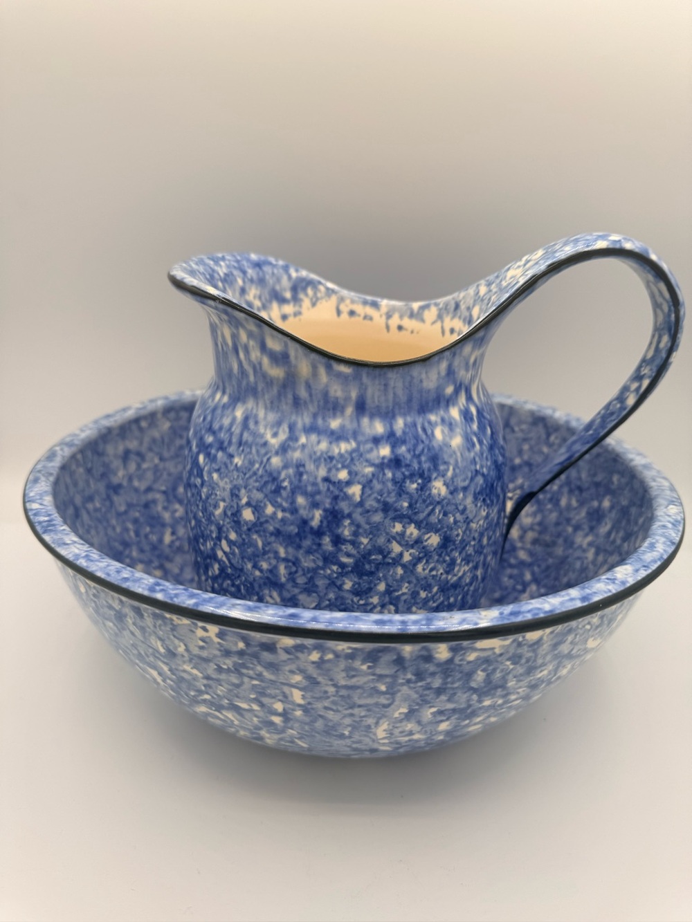 Vintage Stangl Pottery Blue Spongeware Pitcher & Wash Basin Set